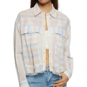 BDG Urban Outfitters Women S Pastel Striped Frayed Hem Cropped Button Up Shirt